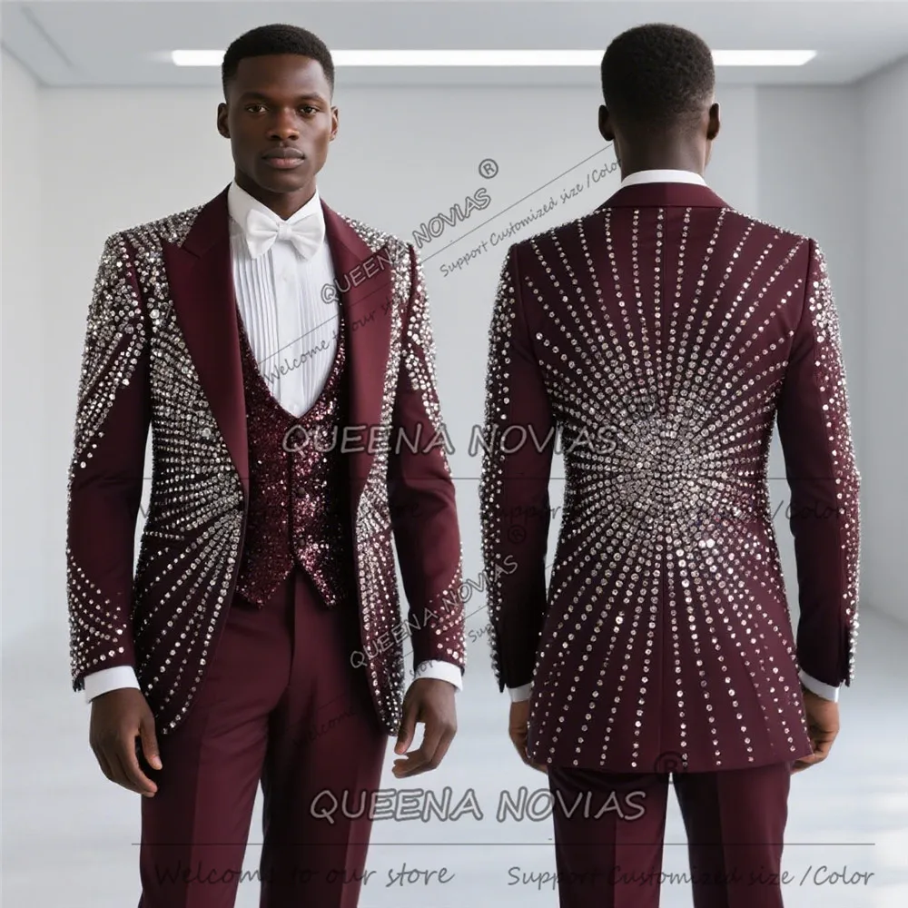Brilliant Beaded Crystals Groom Tuxedos Suit 3 Piece Set Customized Notched Lapel Blazers Man Wedding Outfits trajes para hombre