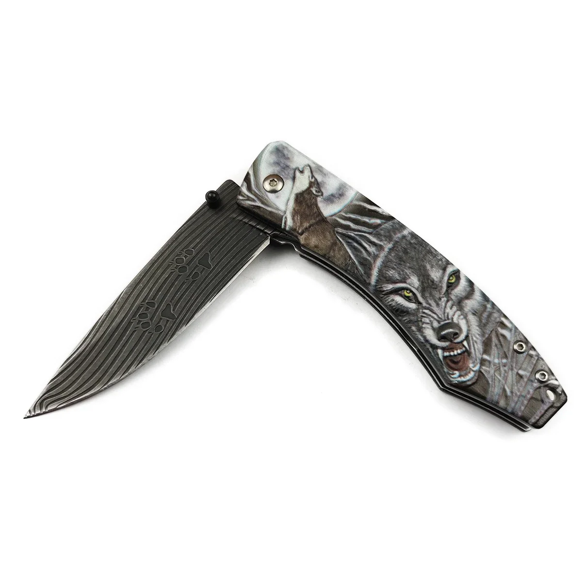 

Stainless Steel Wolf Engraved Handle Folding Blade Utility Self-Defensed Multifunction Outdoor Knifes / Stone-wash / 3D Print