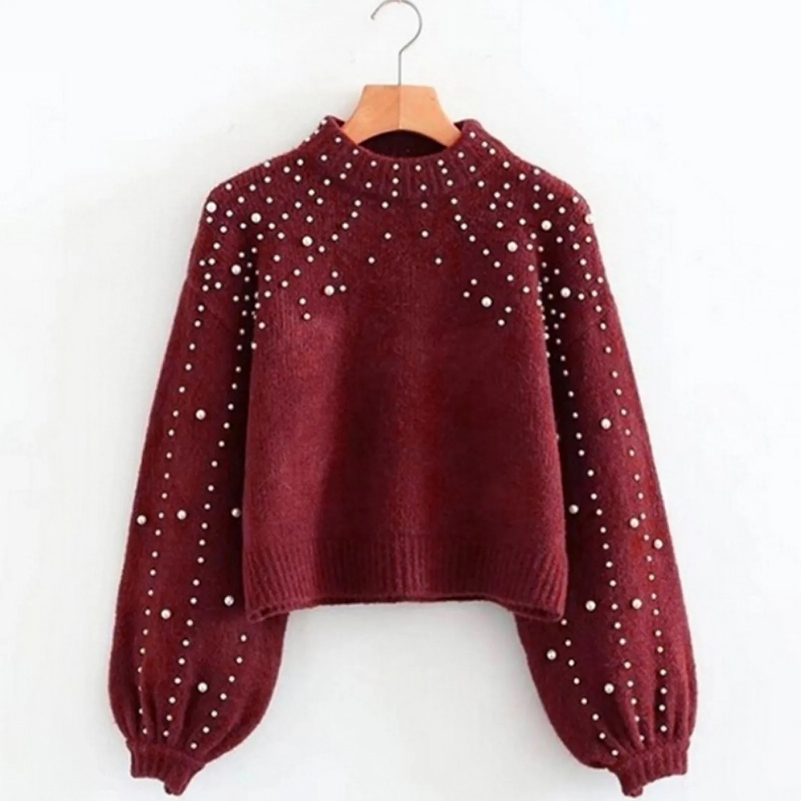 O Neck Solid Color Knitted Sweater Autumn Winter Faux Pearl Decor Lantern Sleeve Short Sweater Ladies Pullover Knitwear Clothing