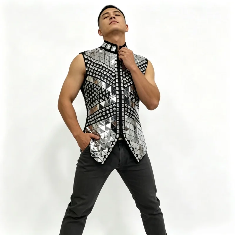 Black White Mirror Rhinestones Sequins Waistcoat Male Singer Bar Concert Vest Coat Stage Performance Drummer Dance Costume