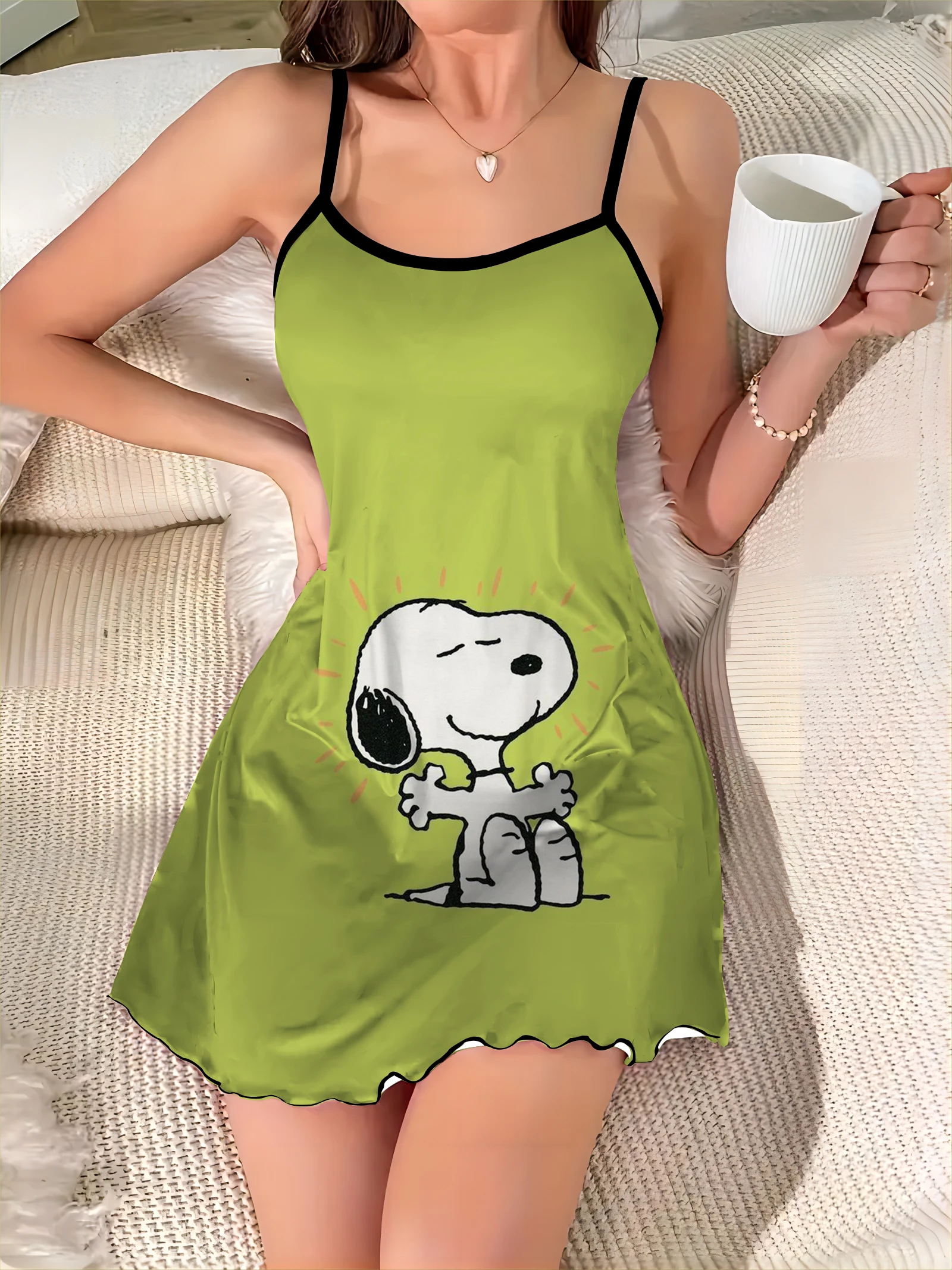 Satin Surface Home Dress Elegant Dresses for Women Pajama Skirt Snoopy Lettuce Trim Crew Neck Fashion Summer 2024 Chic Mini Sexy