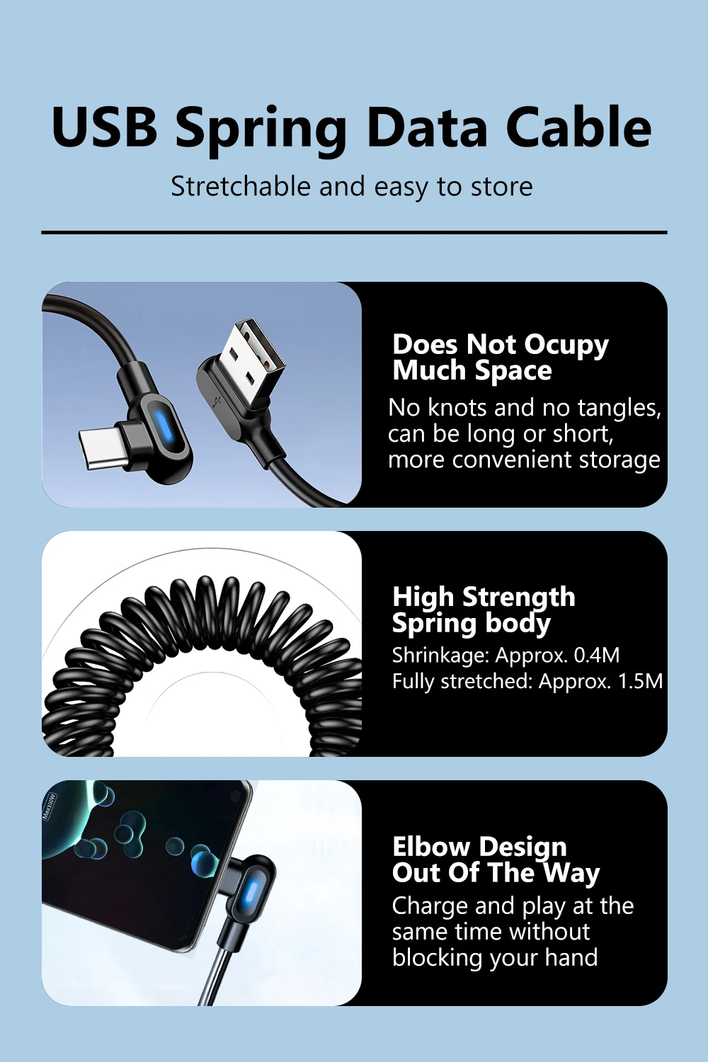 Dual Elbow Type C Cable 6A Fast Charge Short Spring Data Cable For Samsung Xiaomi Retractable USB To Lightning Cable For iPhone