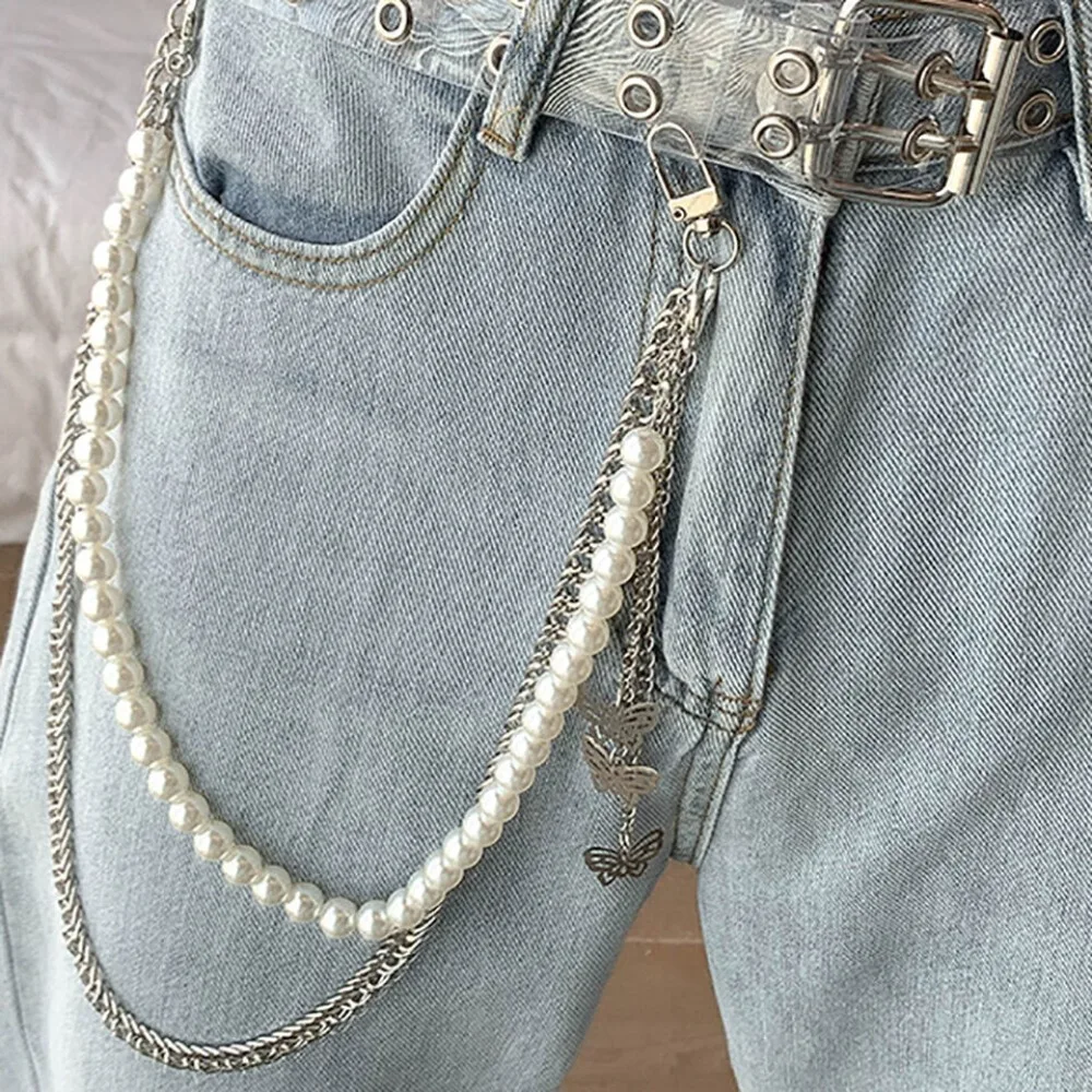จี้ผีเสื้อสไตล์ฮิปฮอปโซ่โลหะสไตล์วินเทจกางเกงยีนส์สายโซ่หลายชั้นประดับไข่มุกเอว