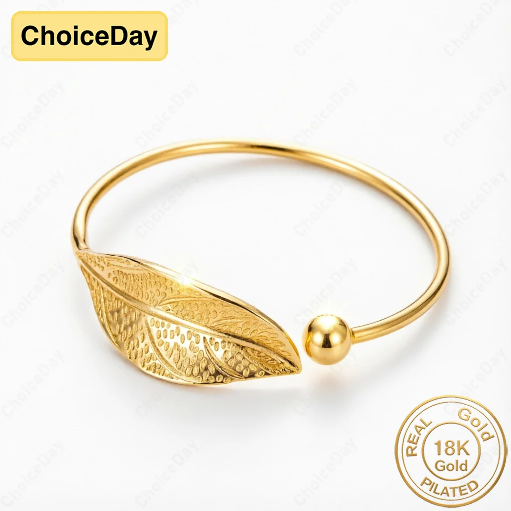 18K Gold Plated Delicate Leaf Bead Opening Bangle Women's Fashion Party Gift Wedding Accessory
