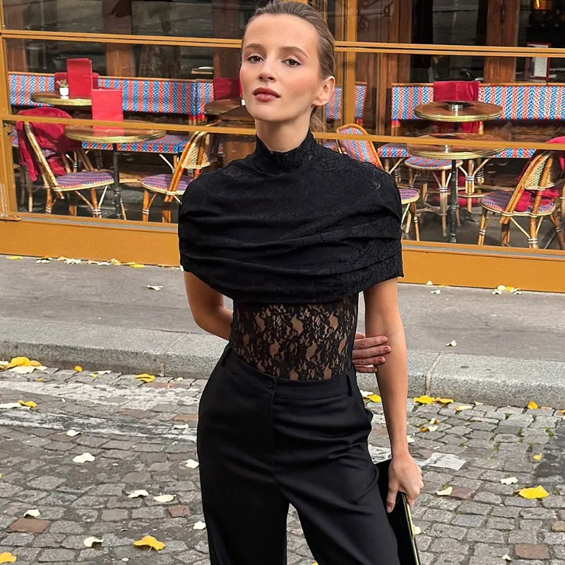 

Talenza Black Lace Top Women Summer New Lace Patchwork Slim-Fit Pullover Top Fashion Chic High-Street Party Y2K Female T-Shirts