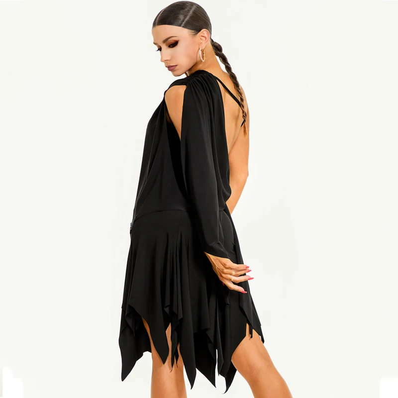 Slant Shoulder Latin Dance Clothes Women Adult Practice Tops Fringe Irregular Skirt Rumba Cha Cha Dance Wear Black Dress NV22254