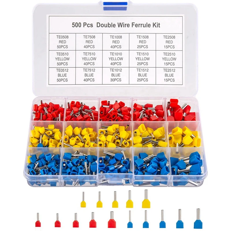 Double Wire Ferrules Kit, 500Pcs Wire Ferrule Terminals, Insulated Ferrule Crimp Pin Terminals, Cord Pin End Terminal Durable