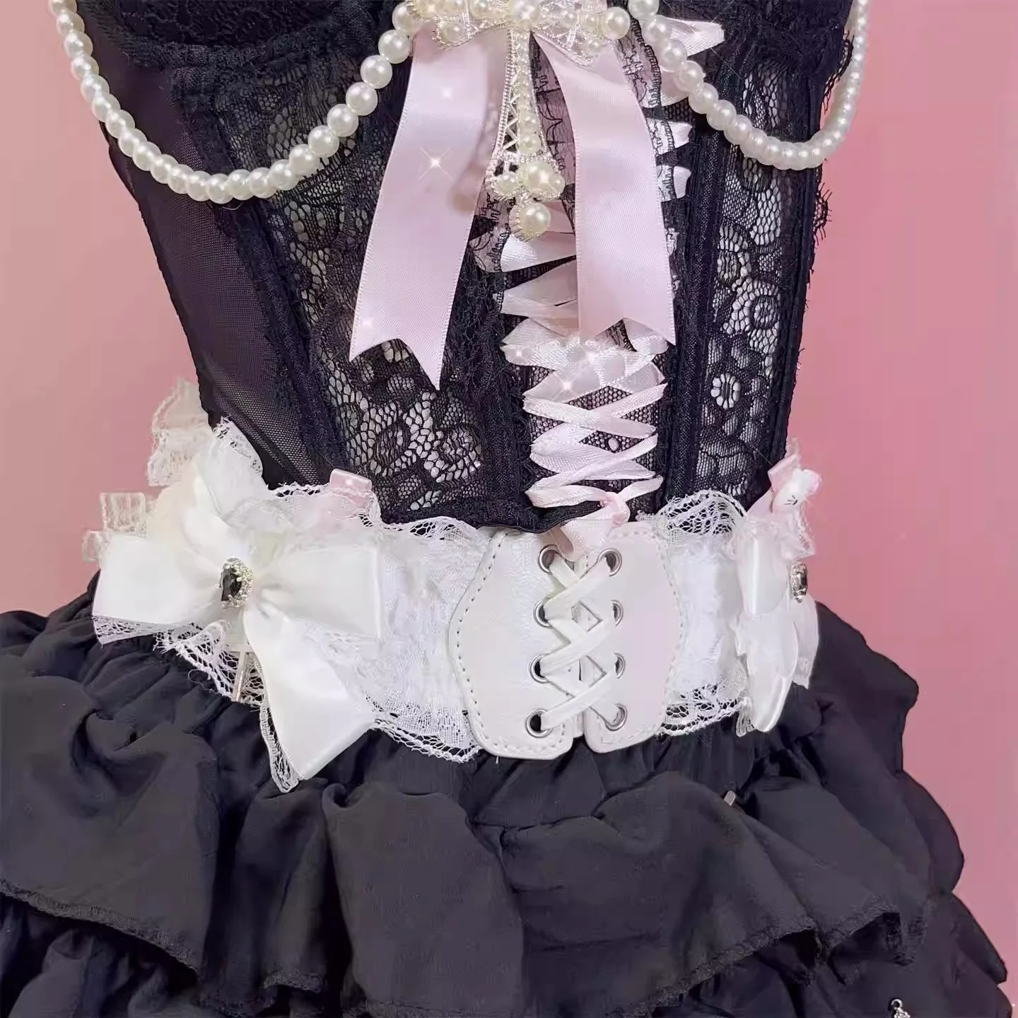 새로운 수제 Y2K 스파이스 걸 코르셋 서브 컬쳐 Bowknot 레이스 보우 벨트 로리타 하라주쿠 스위트 걸 양복 조끼 액세서리
