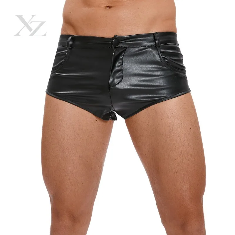Opening Sale |Gothic Punk Mens Glossy Faux Leather Shorts Button Closure Pocket Detail Low Rise Shorts For Nightclub Beach Clubw