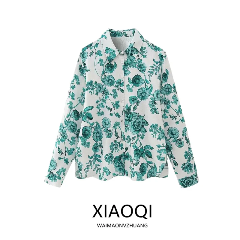 

Summer 2024 Women's irt Linen Blend Floral Print Ele Design Long Sve Loose Fit Versatile Sle Regular Length