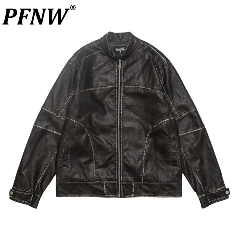 

PFNW Men American Vintage Tide Distressed Black Jackets Micro Silhouette Motorcycle PU Leather Coat Loose Fit Zipper Top 12C1277