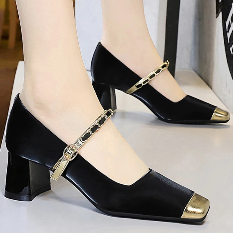 BIGTREE Shoes Square Toe Heels Women Middle Heel Thick Heel Shoes Metal Chain Women Pumps Luxury Temperament Mary Jane Shoes