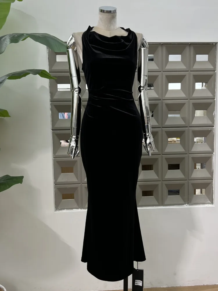 DFDG المرأة المخملية فستان ماكسي ريترو ثنيات الرقبة بلا أكمام Ruched الخصر الأزهار خمر ألف خط فستان طويل 2025 الربيع الصيف #2