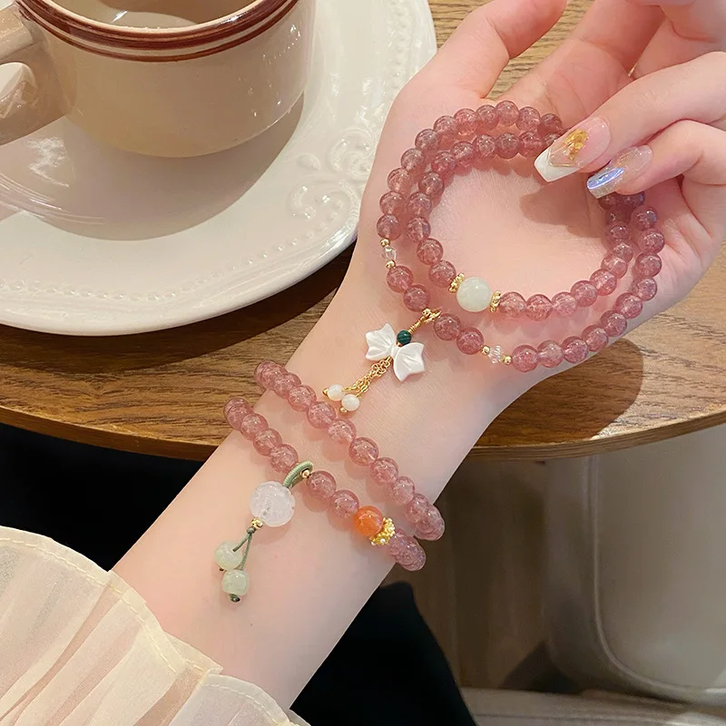 Elegant Super Fairy Sweet Fresh Ins Double Circle Strawberry Quartz Carved Chalcedony Floral Ball Girl Heart Bracelet