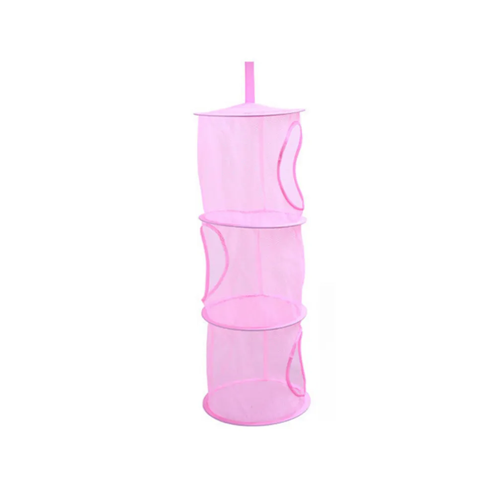 3-Layer Hanging Mesh Storage Organizer for Clothes Laundry Shoes Foldable Space Saver Basket Hall Bathroom Use Pink - view 4