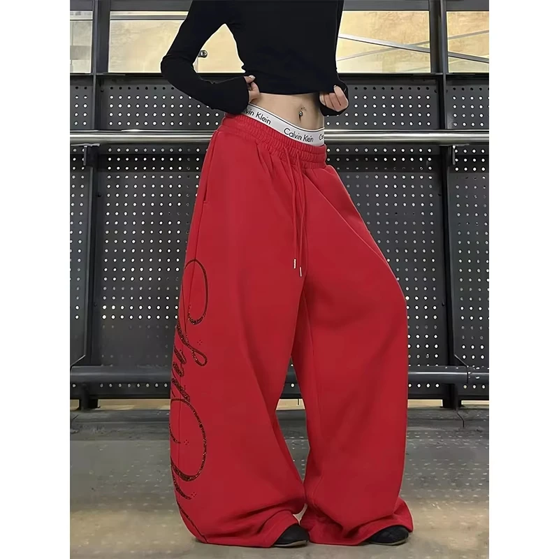 2026 Women Red Oversize Letter Pants Harajuku Baggy Sweatpants Y2k Vintage Streetwear Japanese 2000s Trousers Summer Clothes