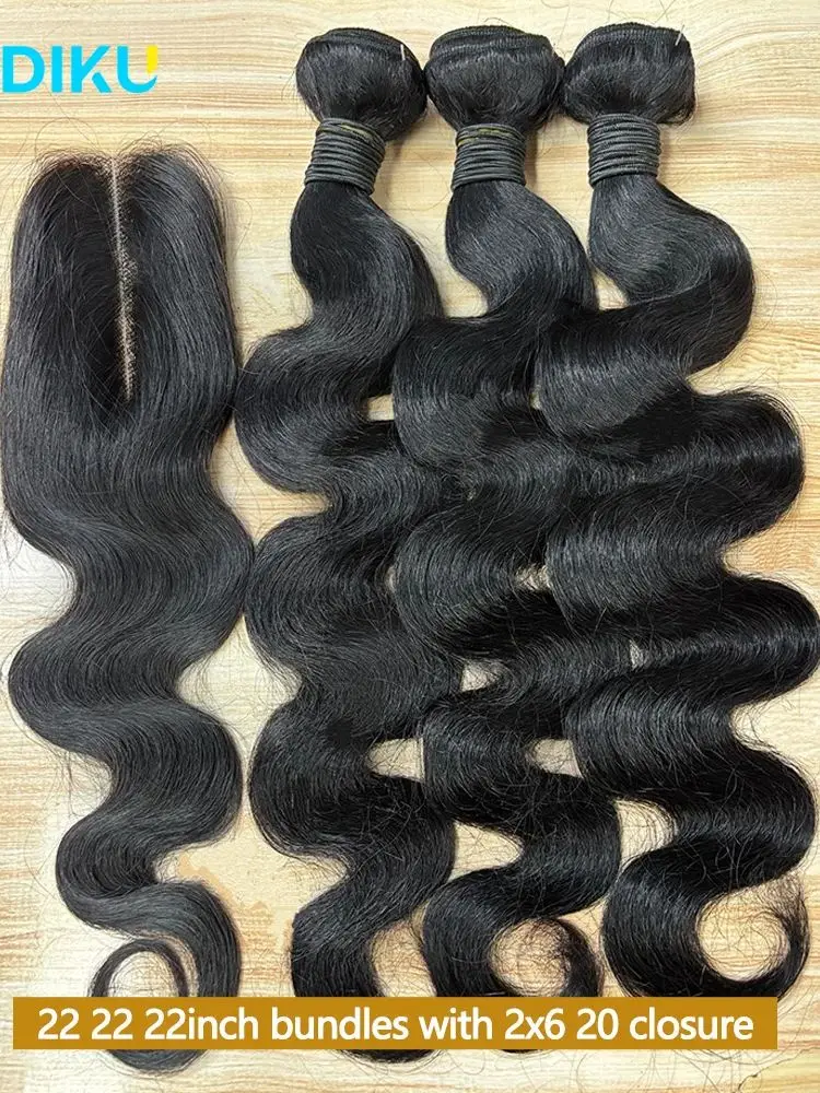 Body Wave-bundels Echt haar met sluiting Ruw haarbundels 100% echt haar 3/4 Braziliaanse bundels van echt haar 2x6 Hd-vetersluiting - afbeelding 2