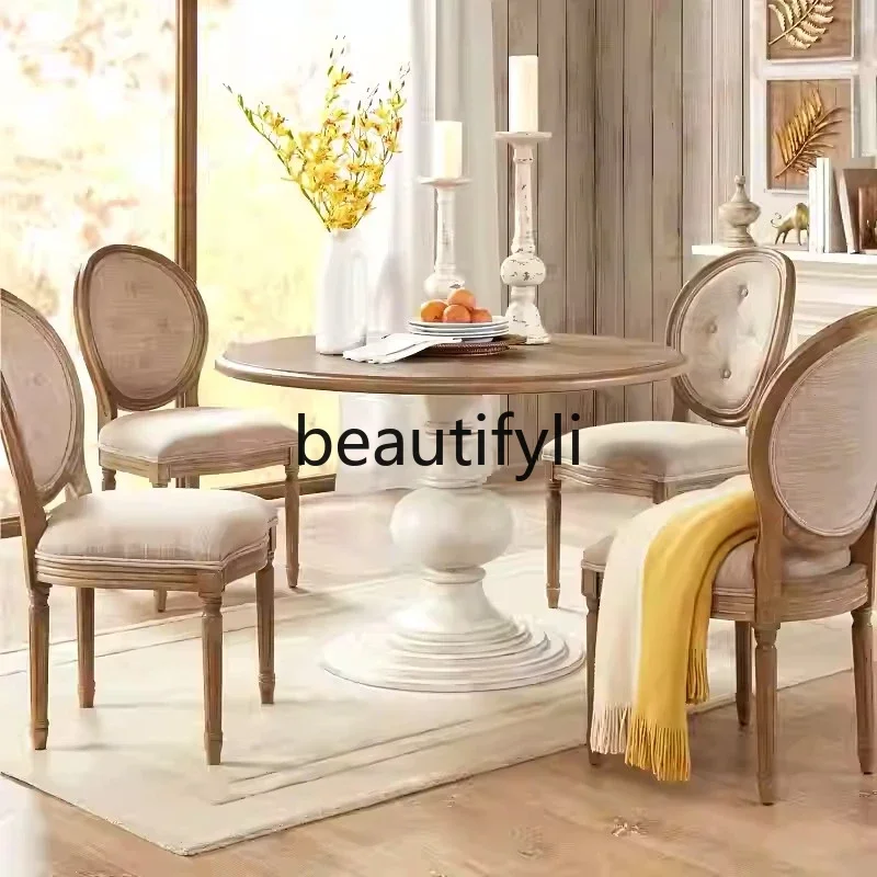 

American country oak solid wood restaurant dining table round dining table antique round legs old white dining table and chairs