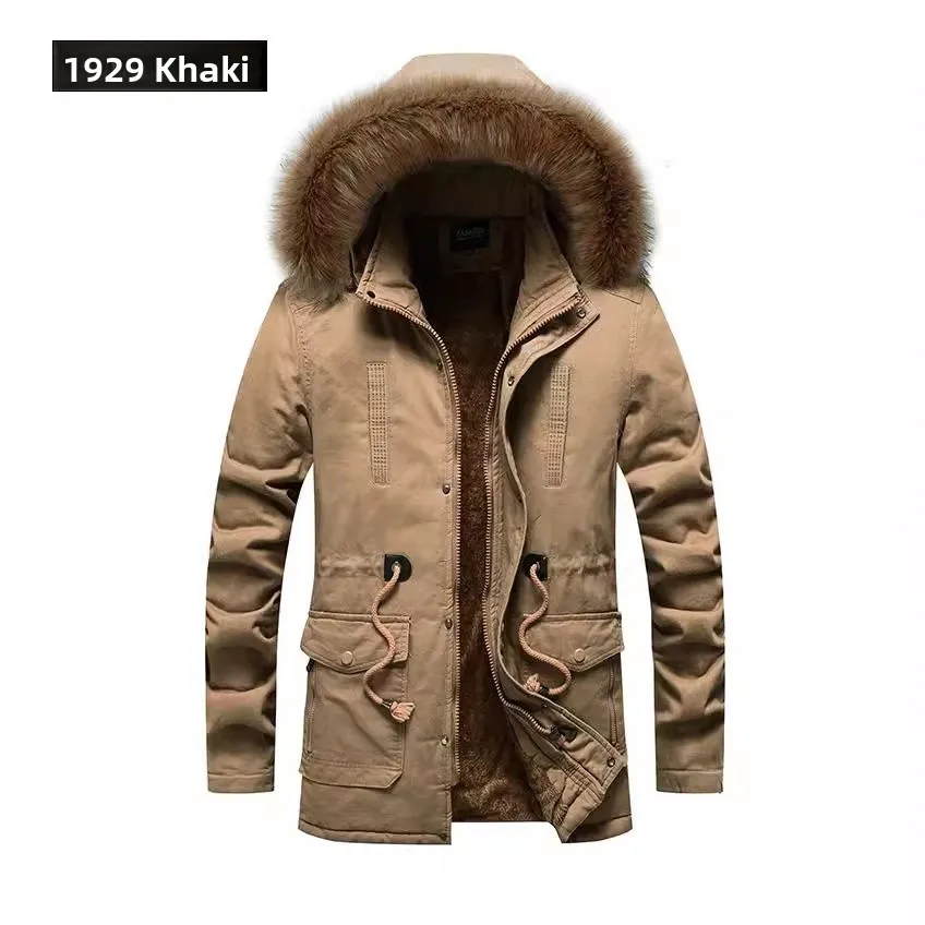 

Thi Waed Cotton Jaet with Large Fur Collar And Multiple kets Casual Loose Sle Men's Windbreaker for Autumn Winter