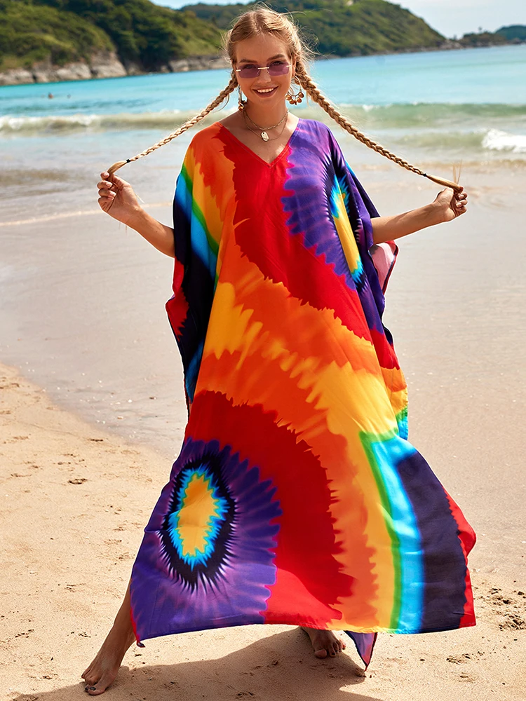 Vestido maxi estampado boêmio, kaftan multicolorido, encobrimento de maiô, túnica para estilo praia, novo, 2022, tamanho grande