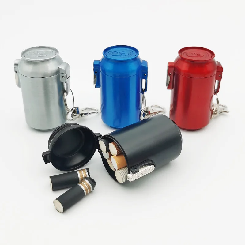 Creative Outdoor Ashtray Aluminum Can Shape Ashtray with Lid Windproof Keychain Ash Storage Smoking Accessories