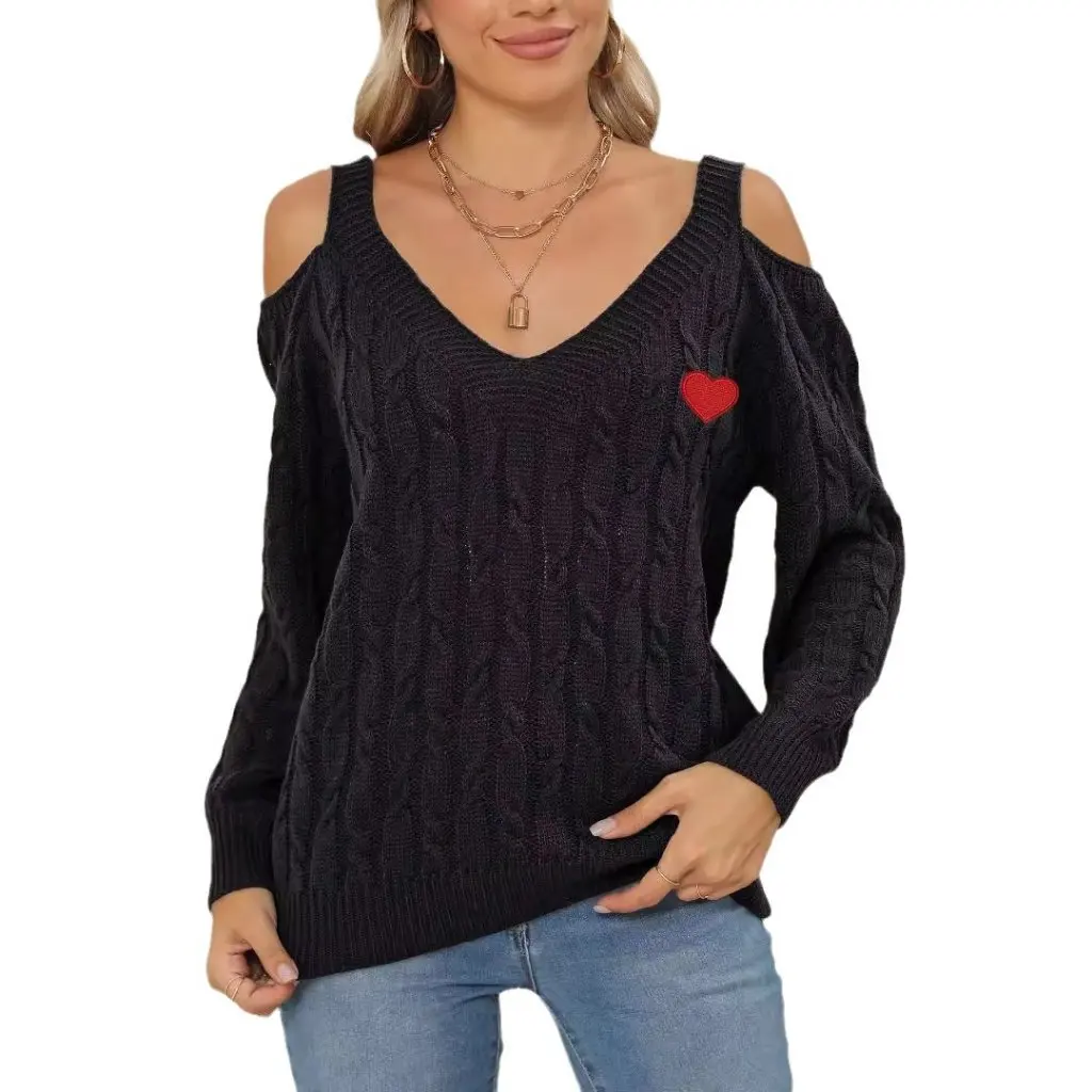 

Women's Deep V Neck Woven Base Shirt Sexy Shoulder Loose Pullover Sweater European And American Style Top M67200