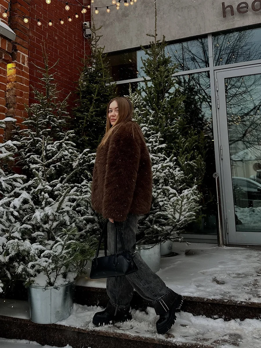 Vintage Brownie Women Faux Fox Fur Coat Cropped Shaggy Cloth Fashion 2025 Winter Warm Fluffy Jacket Iconic Stunning Vibe Outfit