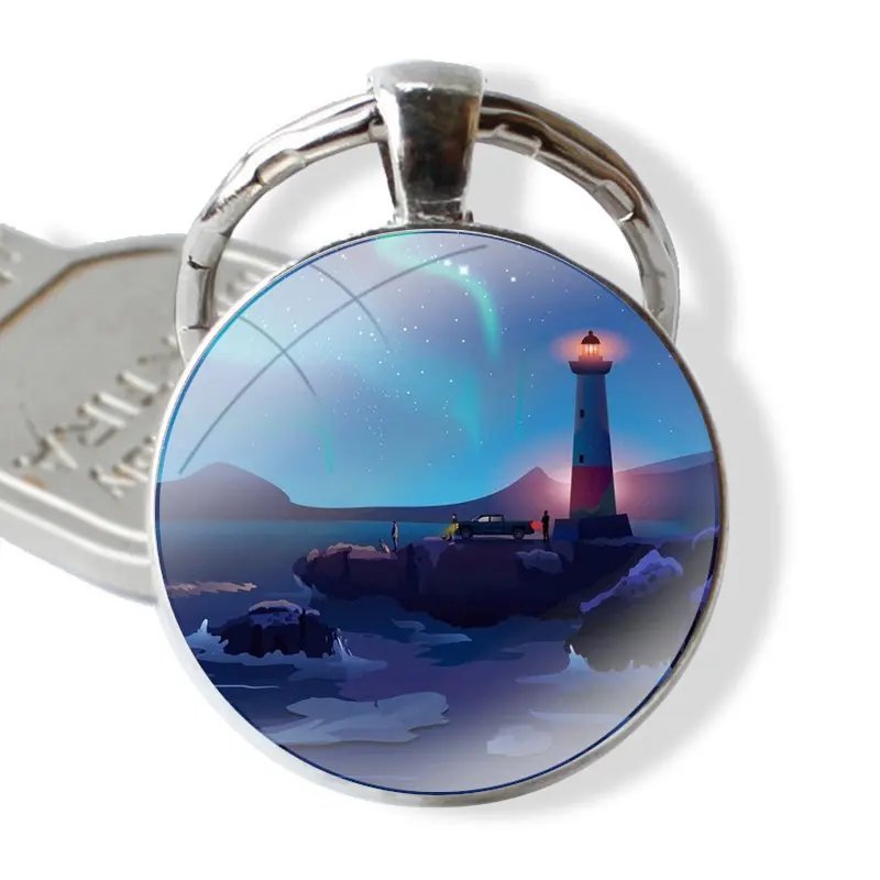 Keychain Glass Cabochon Metal Pendant Classic Men's Women's Keyring lighthouse beautiful