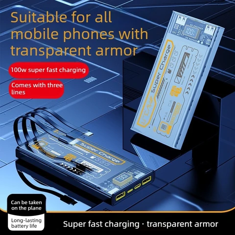 (CCC)PD100W 20000/30000/50000 мАч Power Bank в стиле Mecha для iPhone, Samsung и Xiaomi с встроенным кабелем
