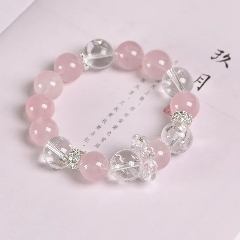 Natural Large Particle Jelly Powder Crystal13mmRound Beads with White Crystal Bracelet Ornament Birthday Gift for Girlfriend