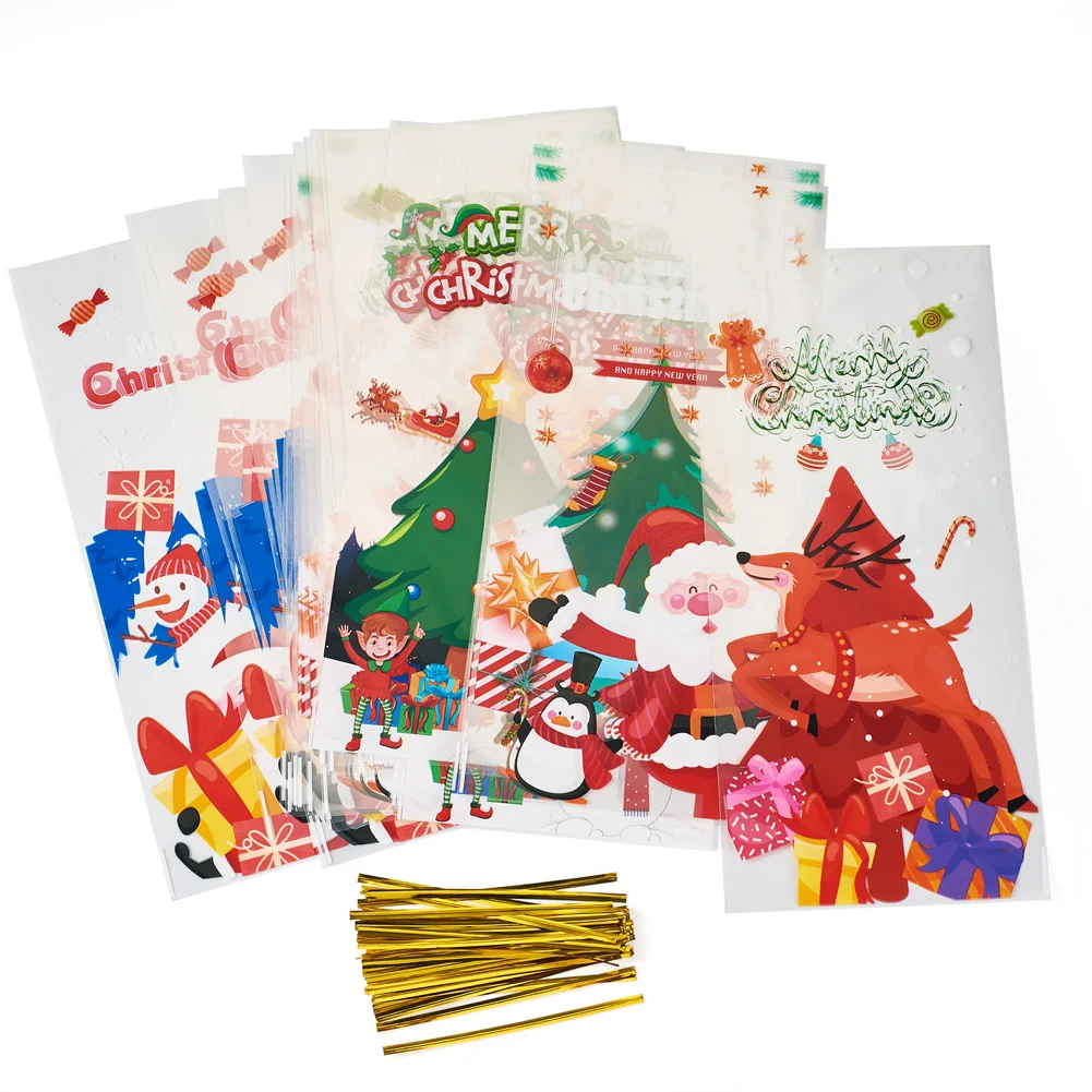 

40pcs Christmas Theme OPP Self-adhesive Package Bag Plastic Pouches Xmas Santa Pattern Candy Snacks Gift Storage Bag 27.5x12.5cm