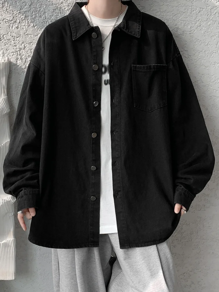 

Черная джинсовая куртка мужская осенне-зимняя повседневная с длинным рукавом и воротником, рубашка-куртка больших размеров, модная брендовая одежда для мужчин