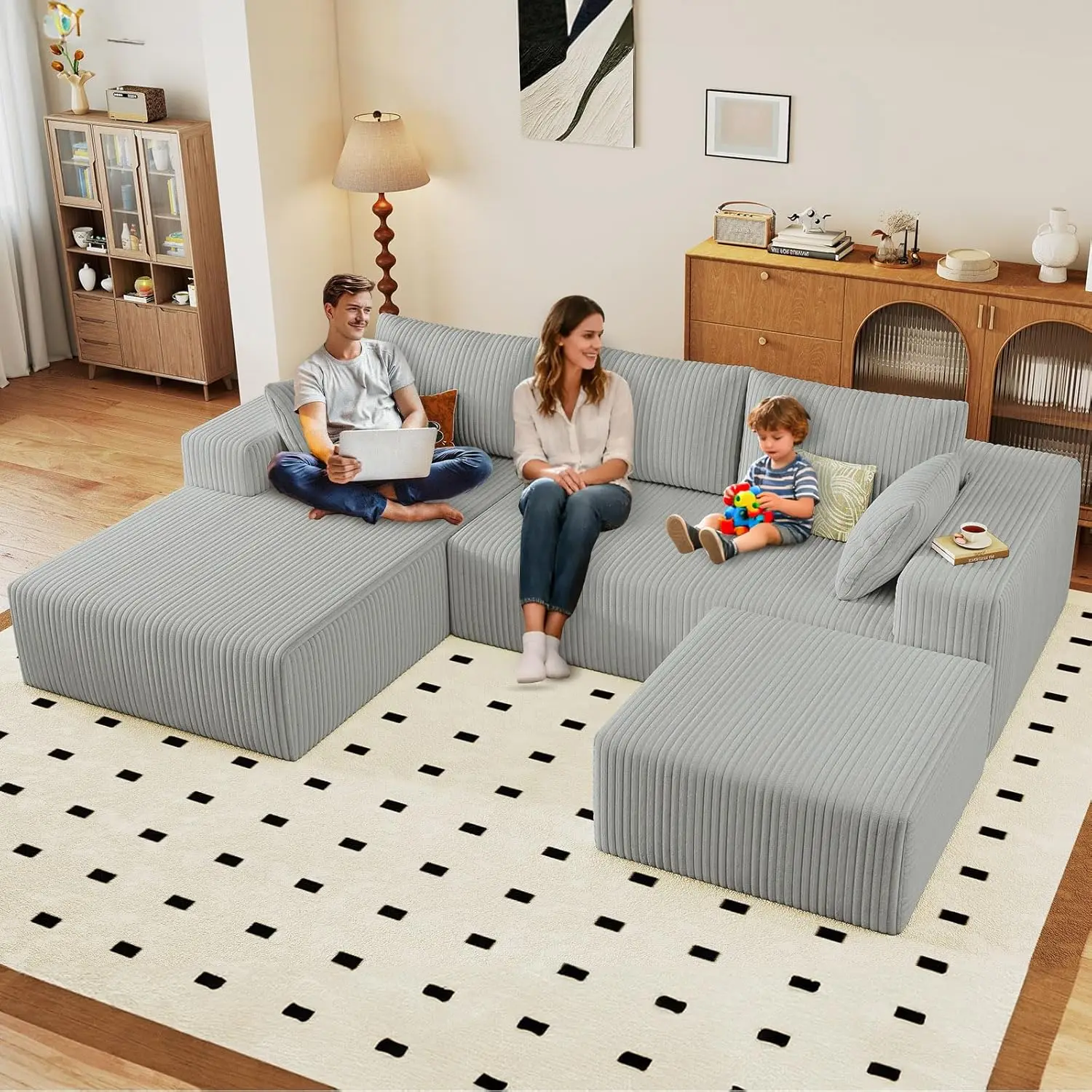 

Диван-облако U-образной формы 96 дюймов, современный модульный секционный L-образный диван с оттоманкой, диваны с обивкой из вельвета, глубокие сиденья, на заказ