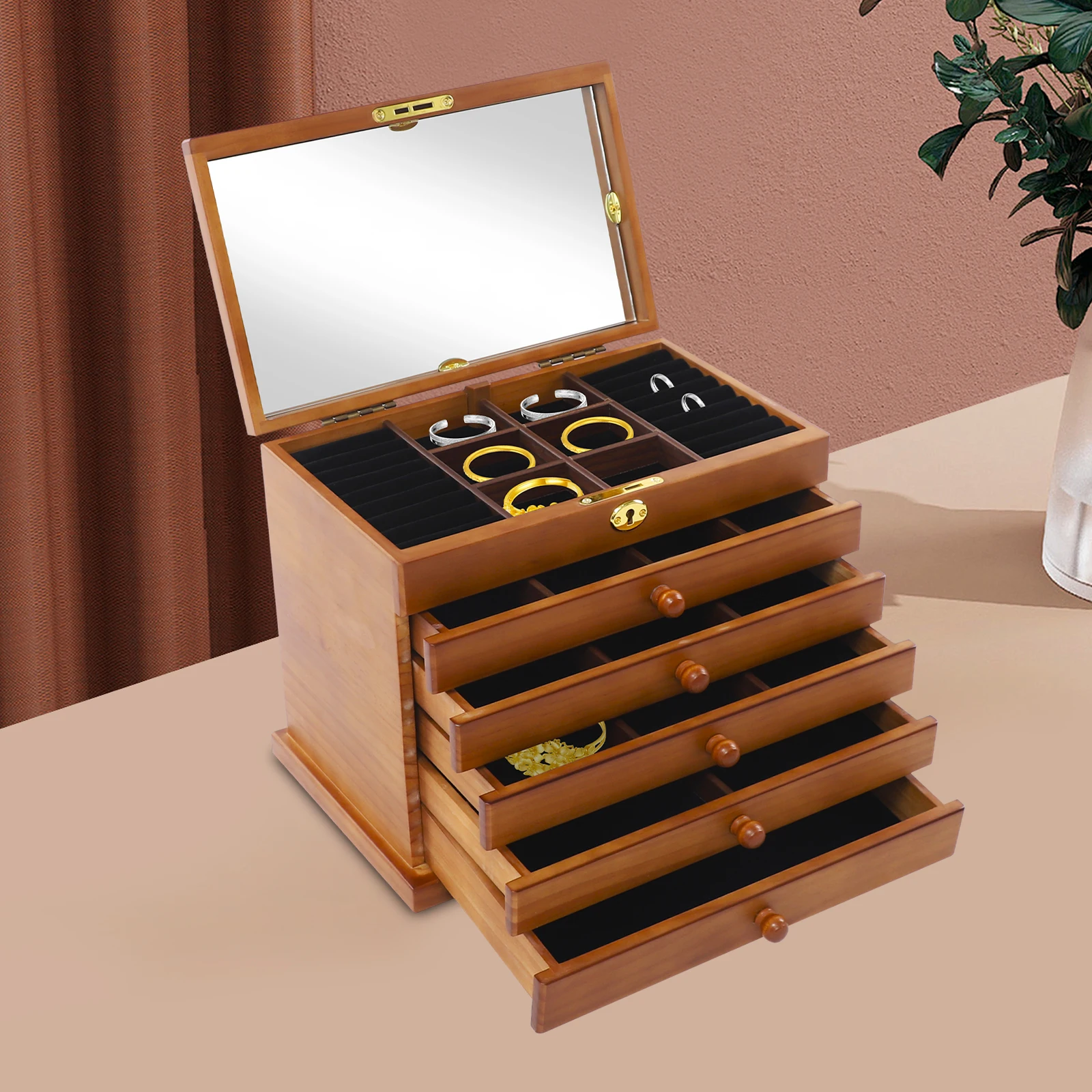 

Large Wooden Jewelry Box Multi Functional Big Storage Display Case Organizer Drawer with mirror for Bracelet Earrings&Necklace
