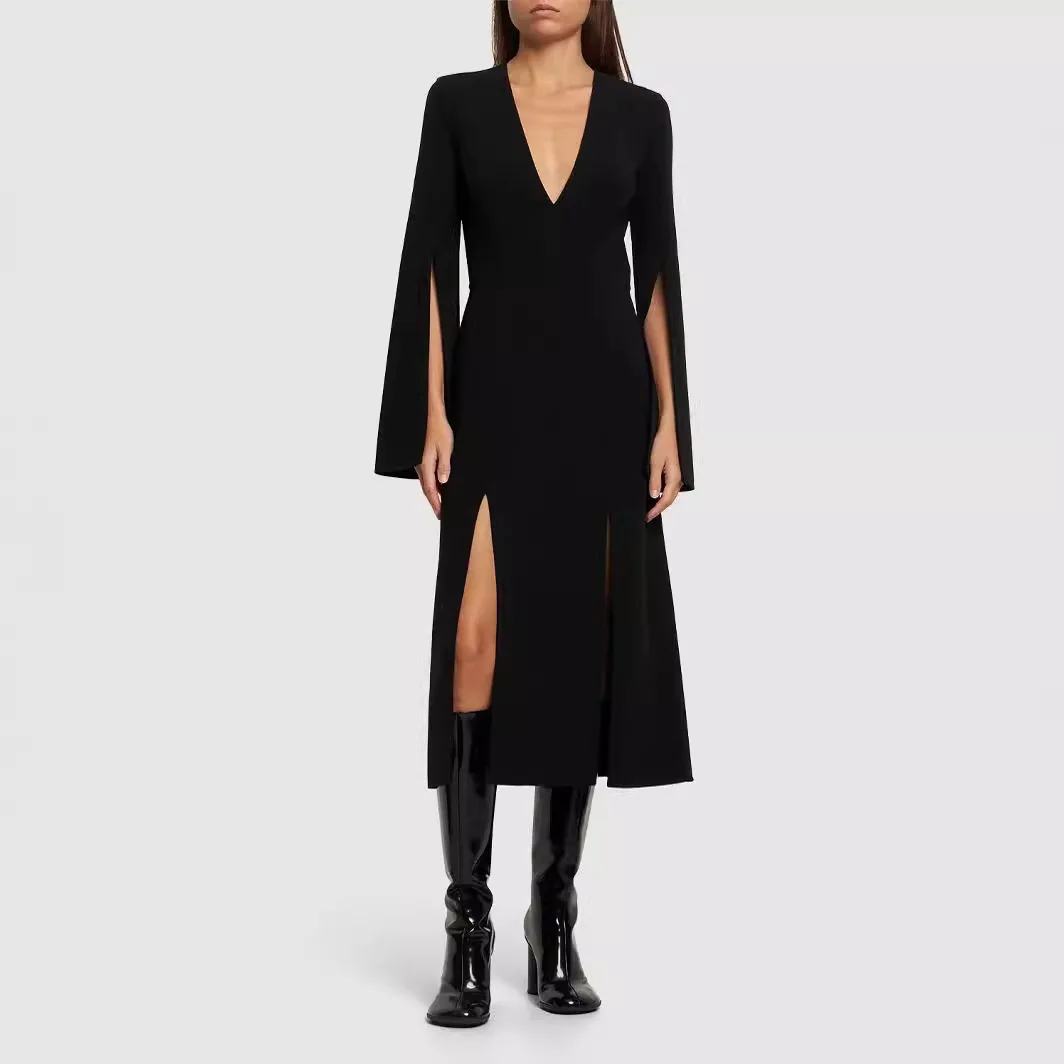 

SuperAen 2024 Summer New Sexy V-neck Split Long Sleeve Black Women's Chic Long Dresses