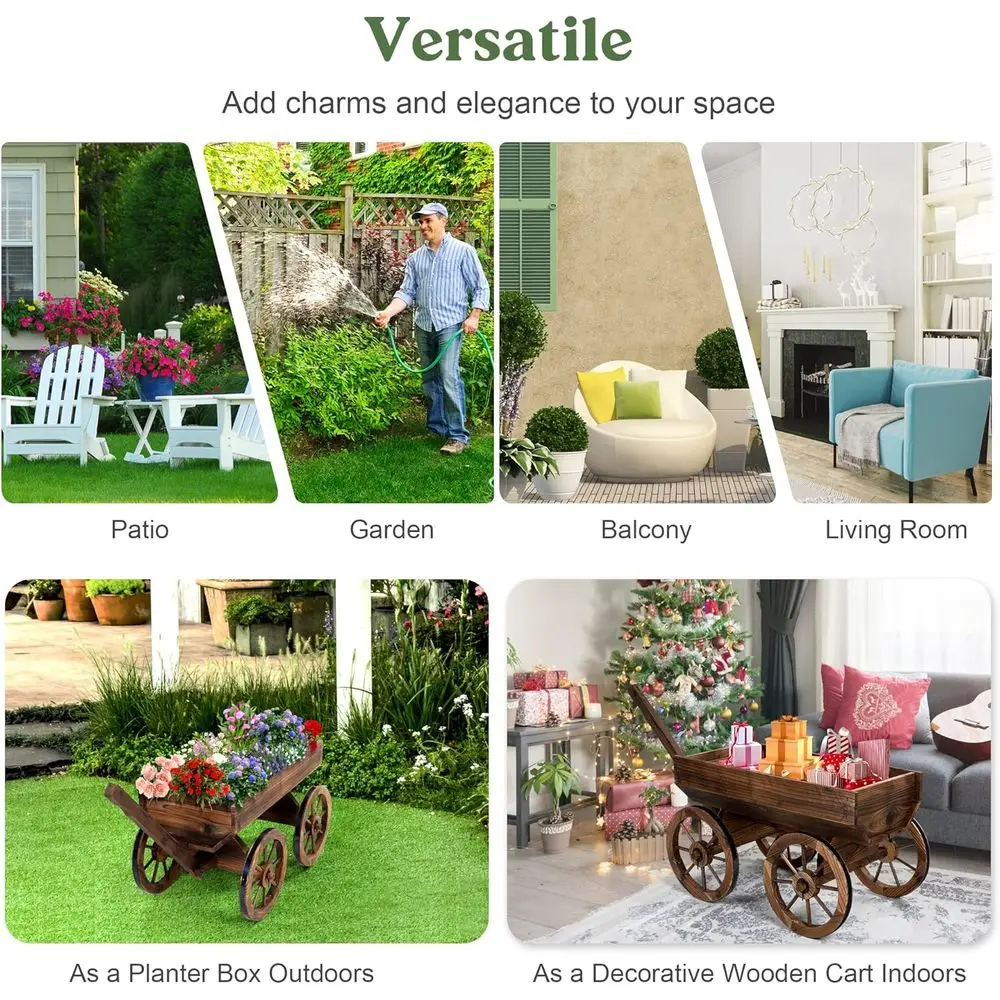 素朴な屋外木製プランターワゴン（車輪付き、バルコニーガーデン装飾用）