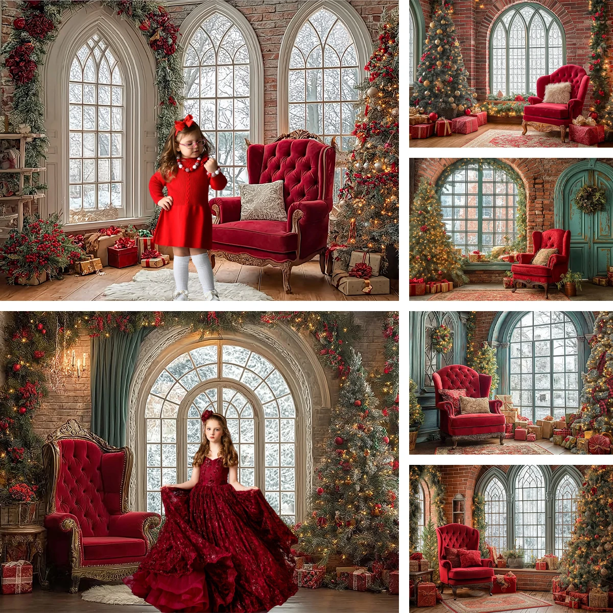 Red Christmas Room Backdrops Child Baby Photo Props Adult Kids Decors Velvet Chair French Window Photography Studio Backgrounds