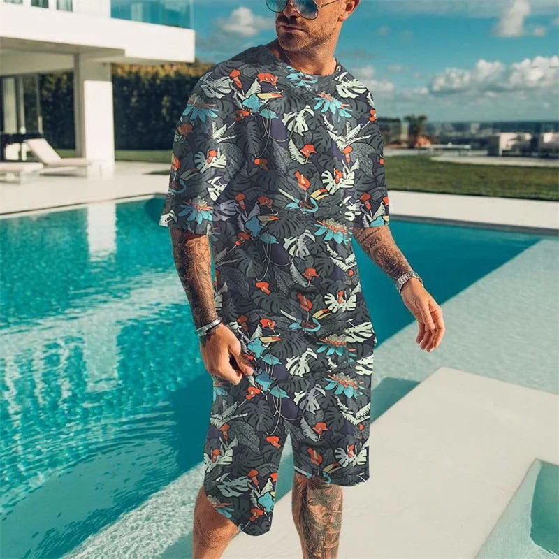 Tropical Plant Pattern T-shirts Set Men Summer Beach Vacation T-shirtsHawaiian 2 Piece Set Men Tshirt Fashion Men Casual Top Set