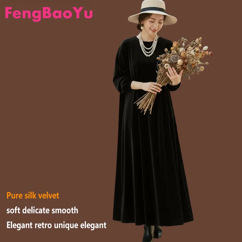 

Fengbaoyu Natural Silk Velvet Women's Dress Long-sleeved, Large Size, Loose-Fitting,Long Skirt Simple Style, Casual Comfortable