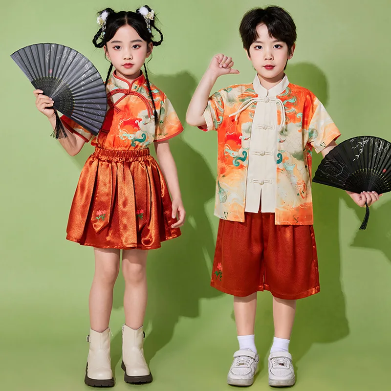 Kids China Dress Of The Tang Dynasty Chinese Traditional Colorful Clouds Print Tops Costume Pants For Children Boy Girl Clothing