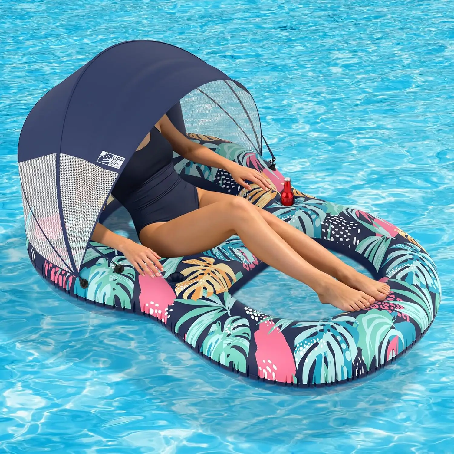

Pool Floats Adult with UPF 50+ Sunshade Canopy, Inflatable Pool Floaties Lounger with Headrest Cup Holder Footrest for Tannin