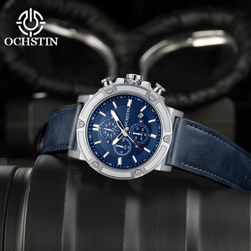 OCHSTIN Man Long-wearing Flexible Leather Strap Watches Men's Tactical Big Size Aviator Dress Multifunctional Quartz Male Watch