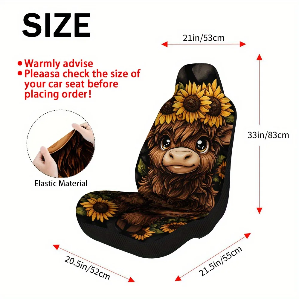 2pcs Car Seat Covers Set, Sunflower Crowned Highland Cow Print, Trendy Vehicle Seat Covers. Fits Long Road Trips, Friend Getawa