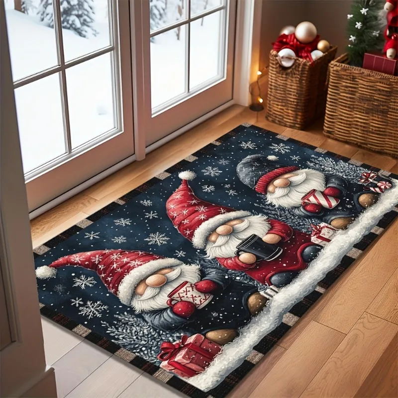 Christmas Flannel Door Mat Three Gnomes Holding Mugs Snowflake Print Non‑Slip Floor Rug for Indoor Entry Xmas Holiday Home Decor