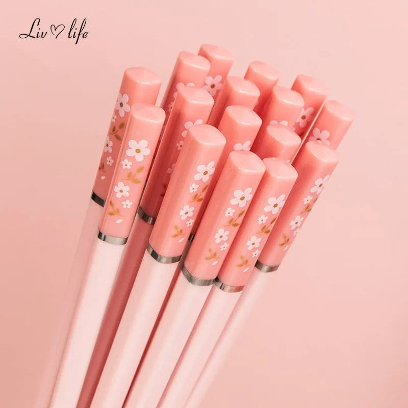 1 Pair of Household Kitchen Chopsticks Chinese Style Alloy Chopsticks Pink Cherry Blossom Chopsticks Hot Pot Kitchen Utensils