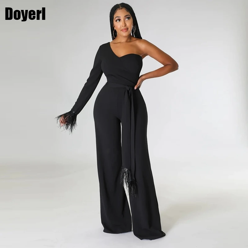 

Luxury Evening One Shoulder Jumpsuit Women Elegance Wedding One Piece Feather Long Sleeve Jumpsuit Sexy Romper Party Club Outfit