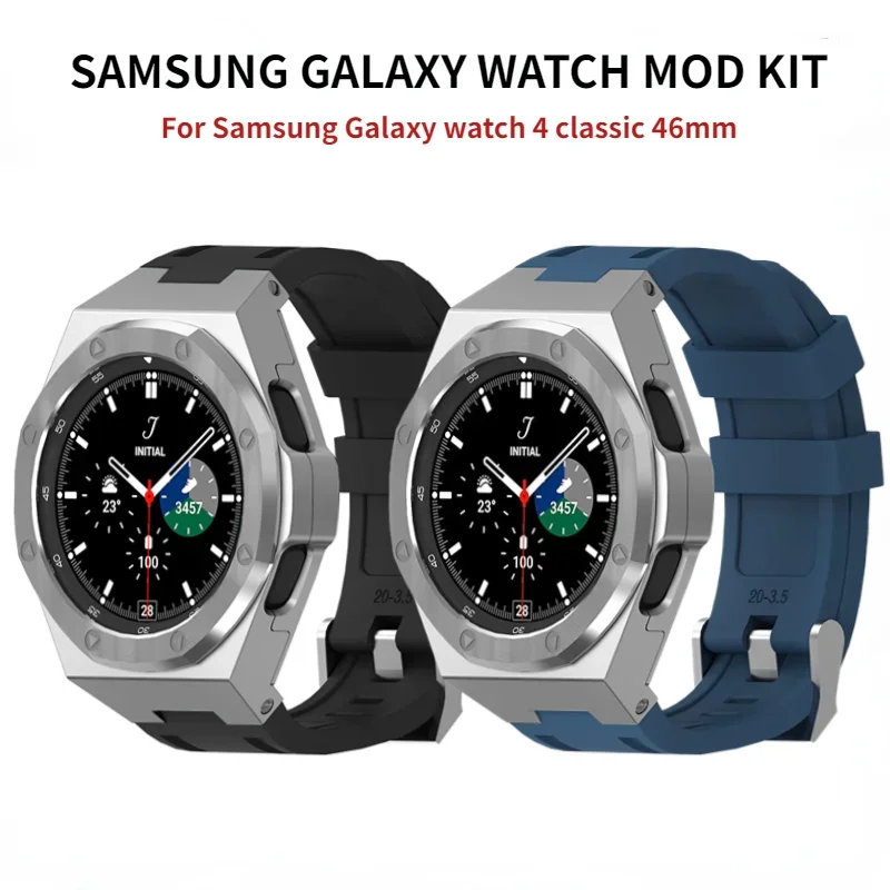 Rubber Strap Modified Kit For Samsung Galaxy Watch 4 Classic 46mm Stainless Steel Case Bracelet Wristband Watch 4 Classic 46mm