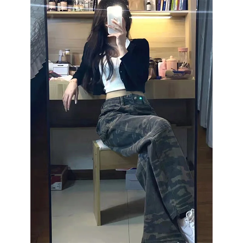 

High Waist Loose Fit Camouflage Denim Jeans Women's Spring Autumn plus Size Straight Leg Wide Leg Workwear Long Pants