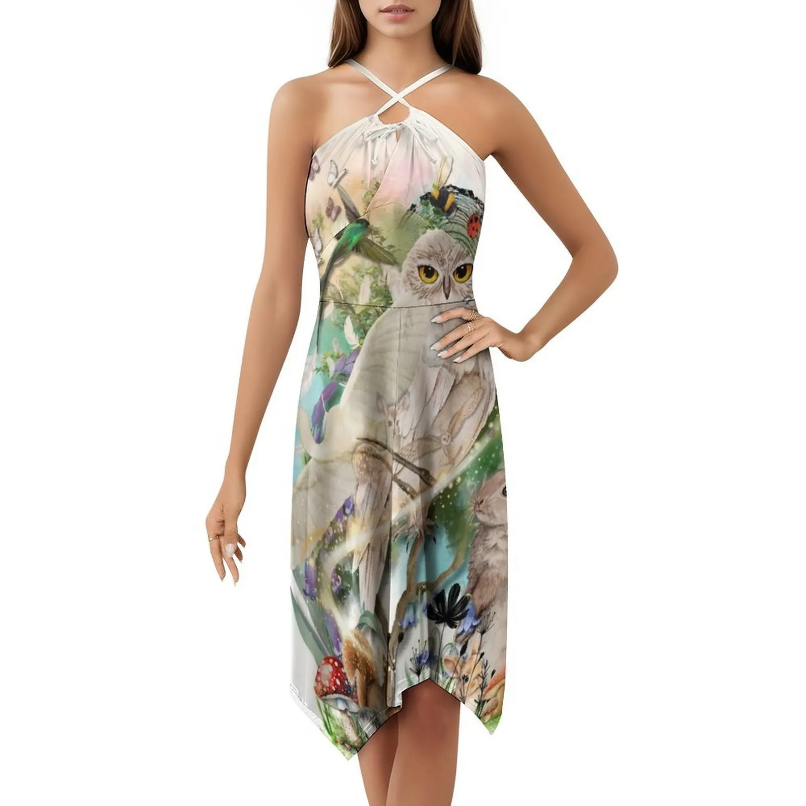 فستان حيوانات الغابات مُزين بنقشة الزهور للنساء للربيع والصيف فستان كاجوال للحفلات على شكل حيوانات الغابات مخفي