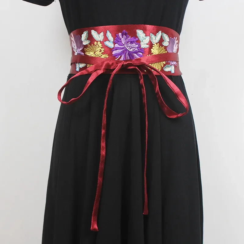 Women's Girdle Embroidered Flower Kimono Hanfu Dress Accessories Suede Wide Belt Straps